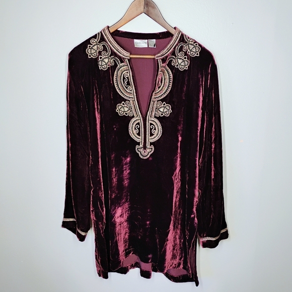 Chico's Velvet Embroidered Beaded Tunic Top Burgundy Boho Womens Size 1 Medium - Picture 1 of 12